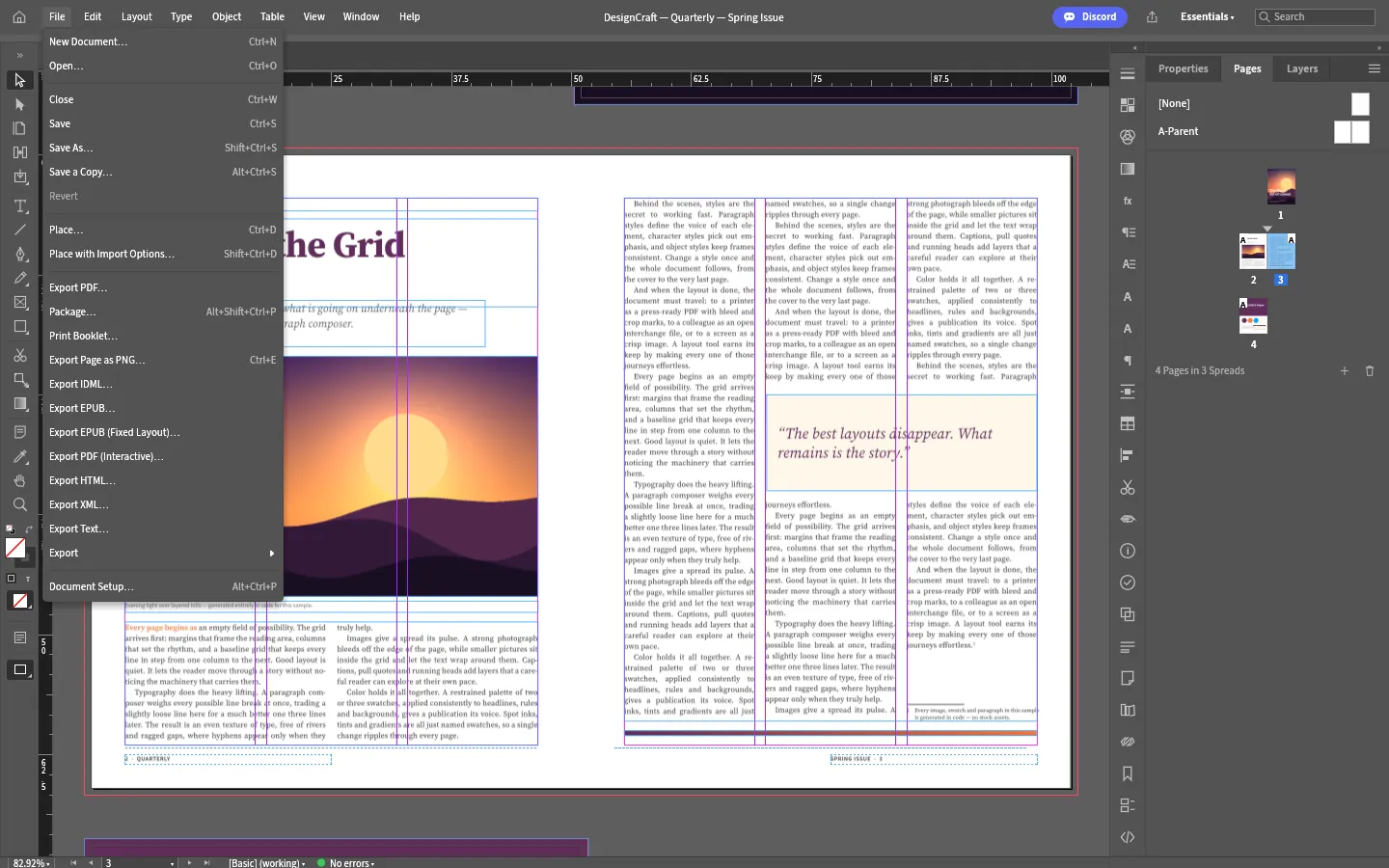 Меню File в DesignCraft: Export PDF, Print Booklet, Export Page as PNG, Export IDML, Export EPUB, Export HTML