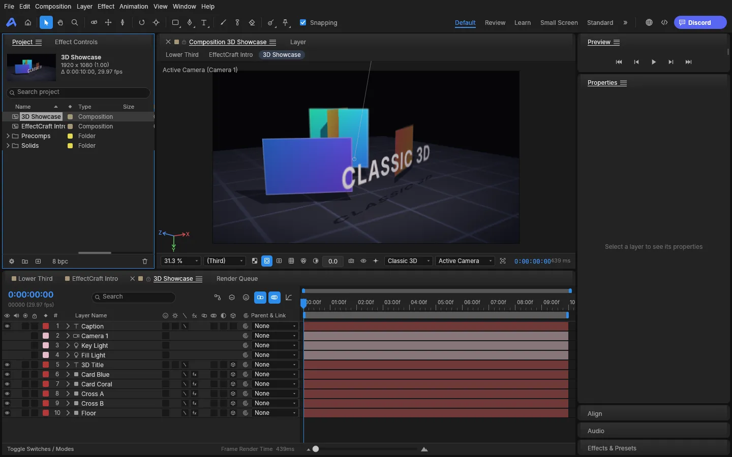 Композиция 3D Showcase: цветные карточки и надпись Classic 3D в трёхмерном пространстве с камерой и светом, внизу слои Camera, Key Light, Fill Light