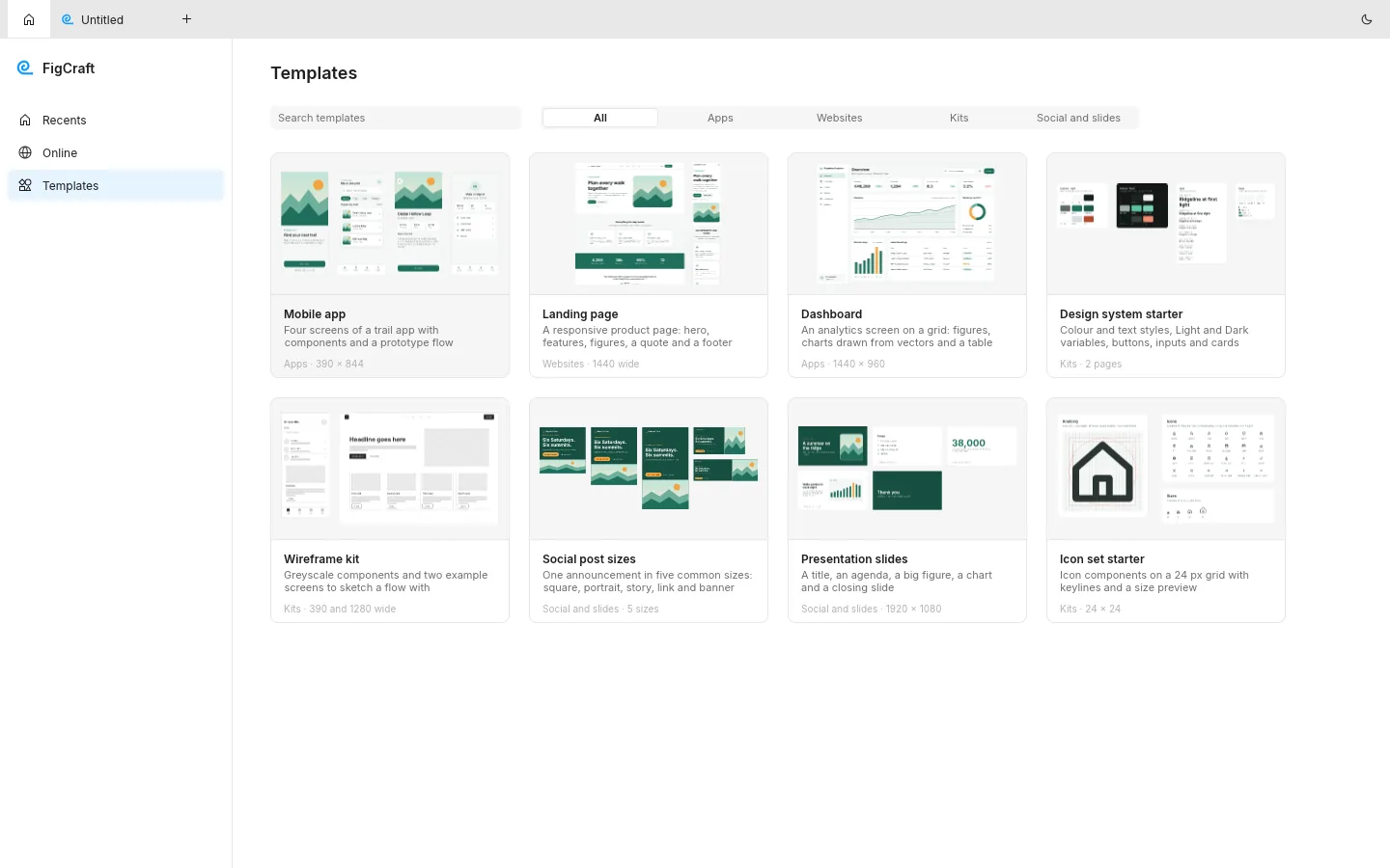 Галерея шаблонов FigCraft: Mobile app, Landing page, Dashboard, Design system starter, Wireframe kit, Social post sizes, Presentation slides, Icon set starter