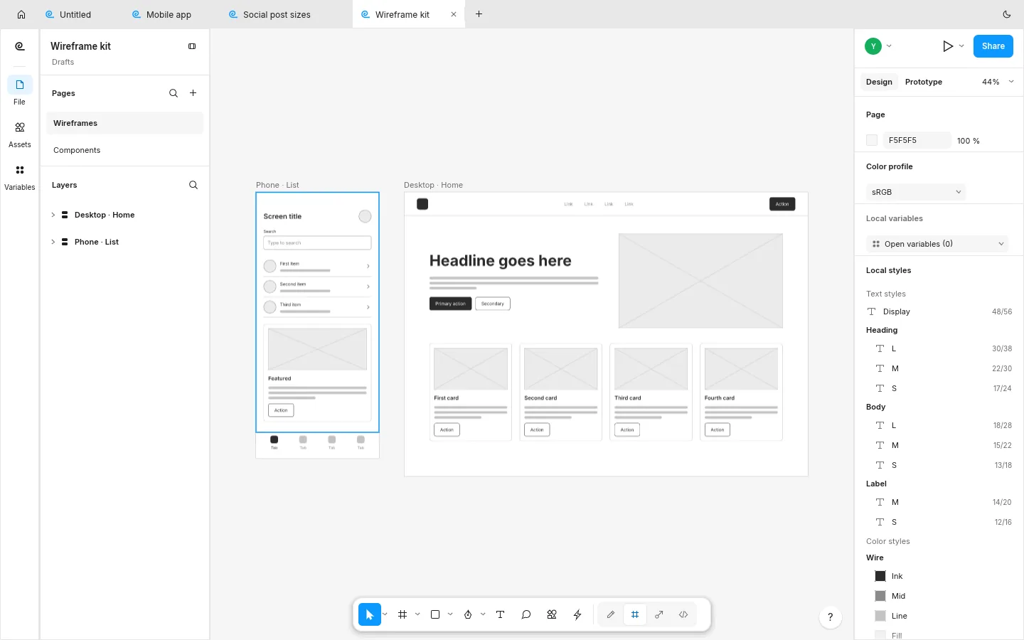 Шаблон Wireframe kit: серый каркас экрана телефона со списком и каркас главной страницы сайта с карточками