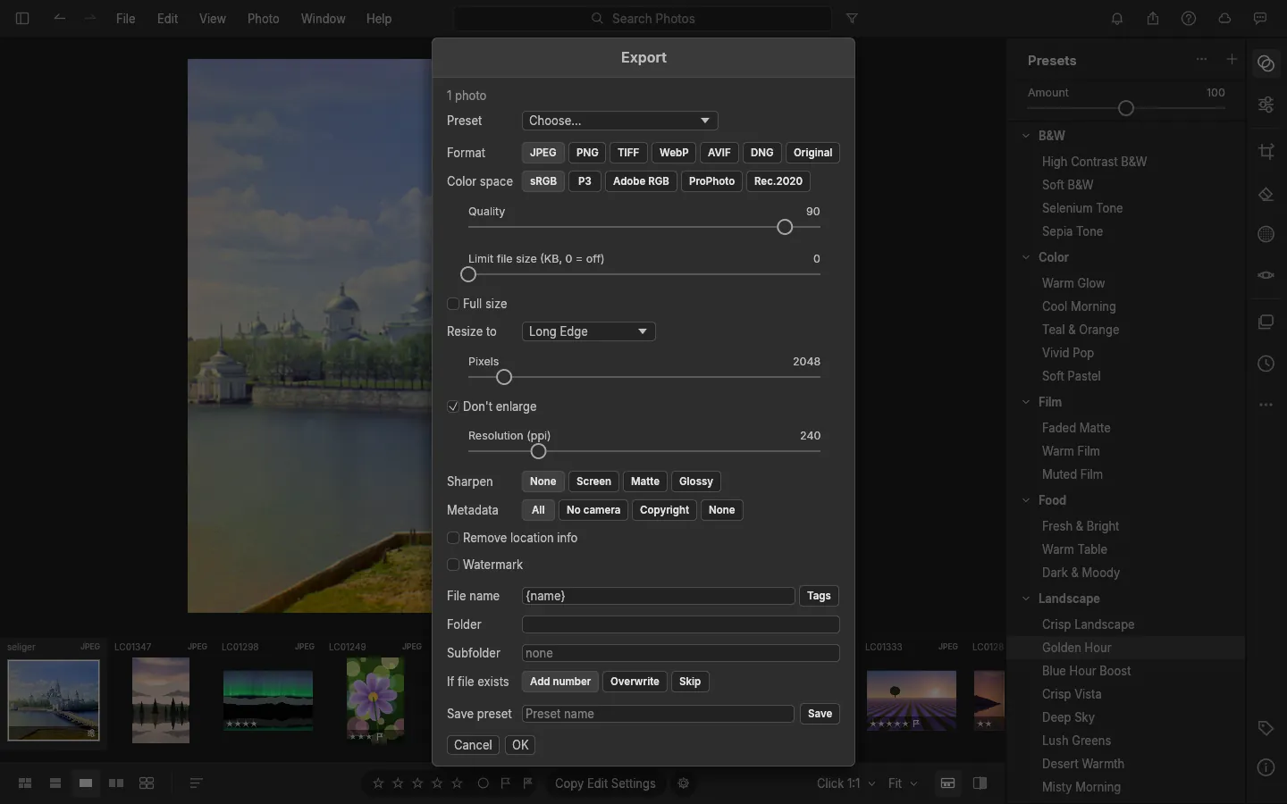 Окно Export: форматы JPEG, PNG, TIFF, WebP, AVIF, DNG, качество 90, лимит размера файла, Resize to Long Edge 2048