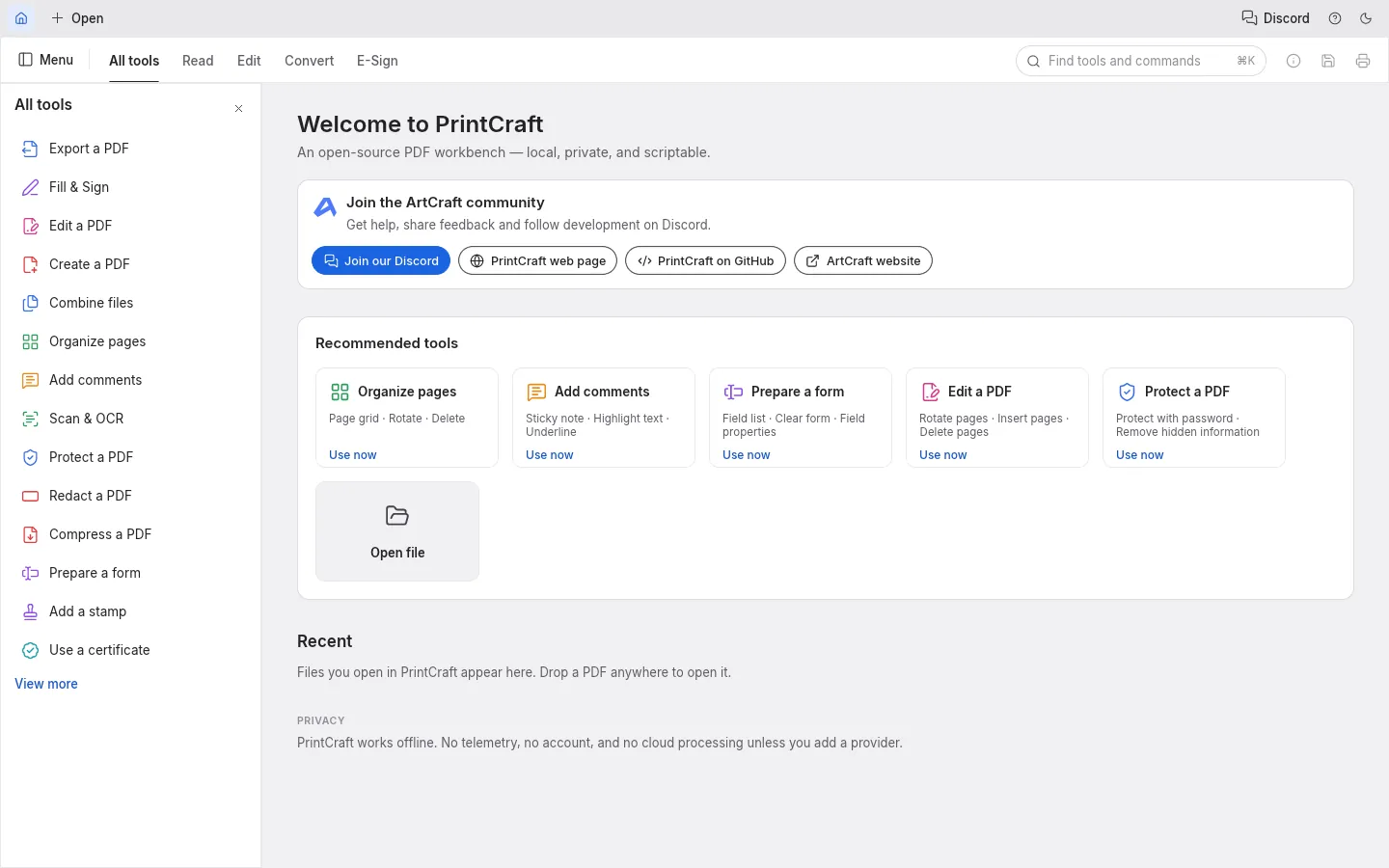 Стартовый экран PrintCraft: каталог All tools слева, рекомендованные инструменты и кнопка Open file