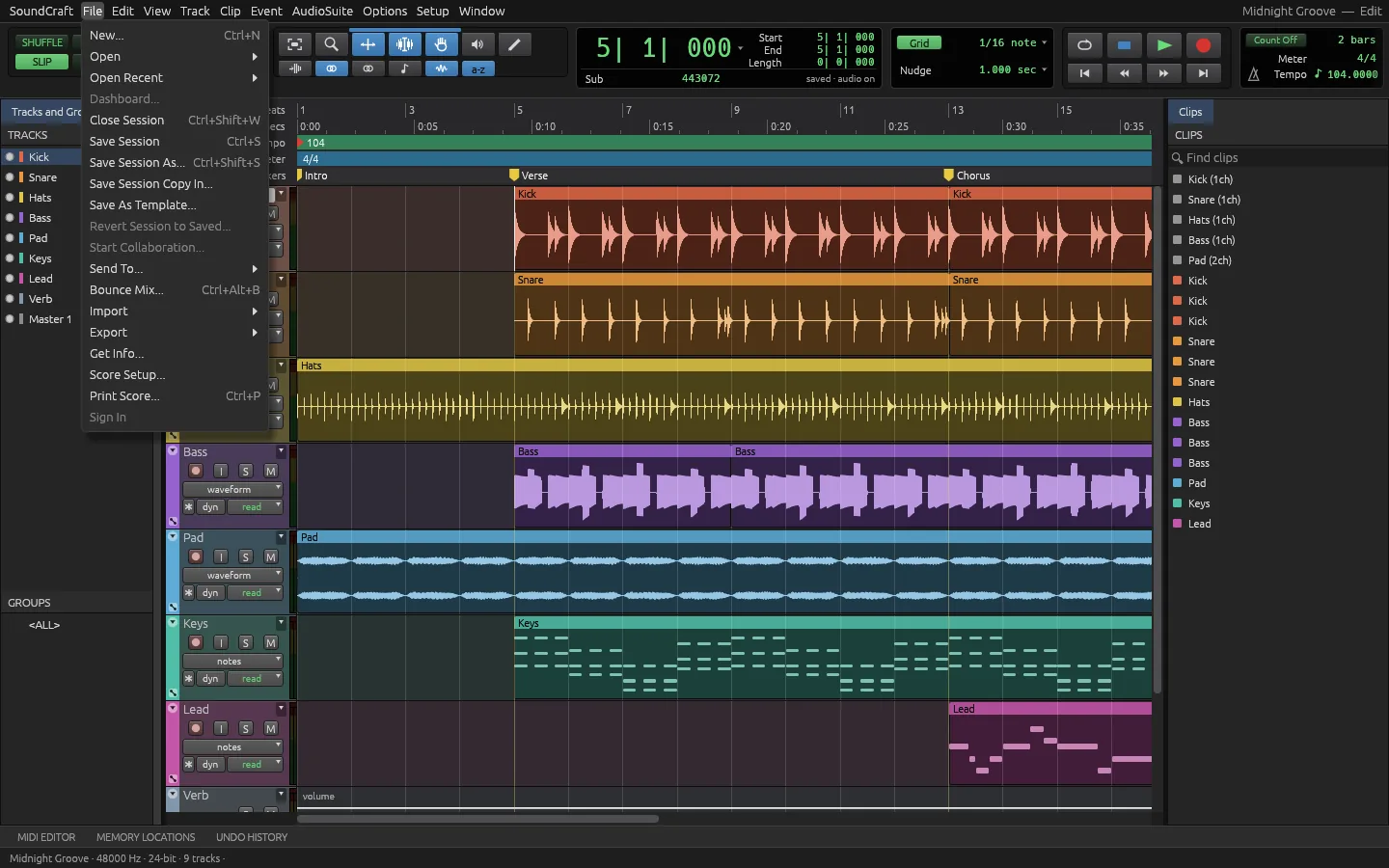 Открытое меню File: New, Open, Save Session, Save Session As, Bounce Mix, Import, Export, Print Score