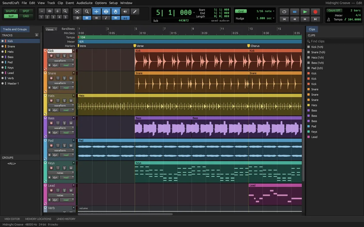 SoundCraft, окно Edit с демо-проектом «Midnight Groove»: цветные дорожки бочки, малого барабана, хэта, баса, пэда, клавиш и мелодии с волнами и MIDI-нотами, сверху линейки тактов и маркеры Intro, Verse, Chorus
