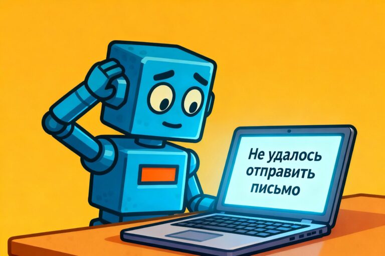 Весёлый робот с ноутбуком, демонстрирует позитивный настрой и результат теста.